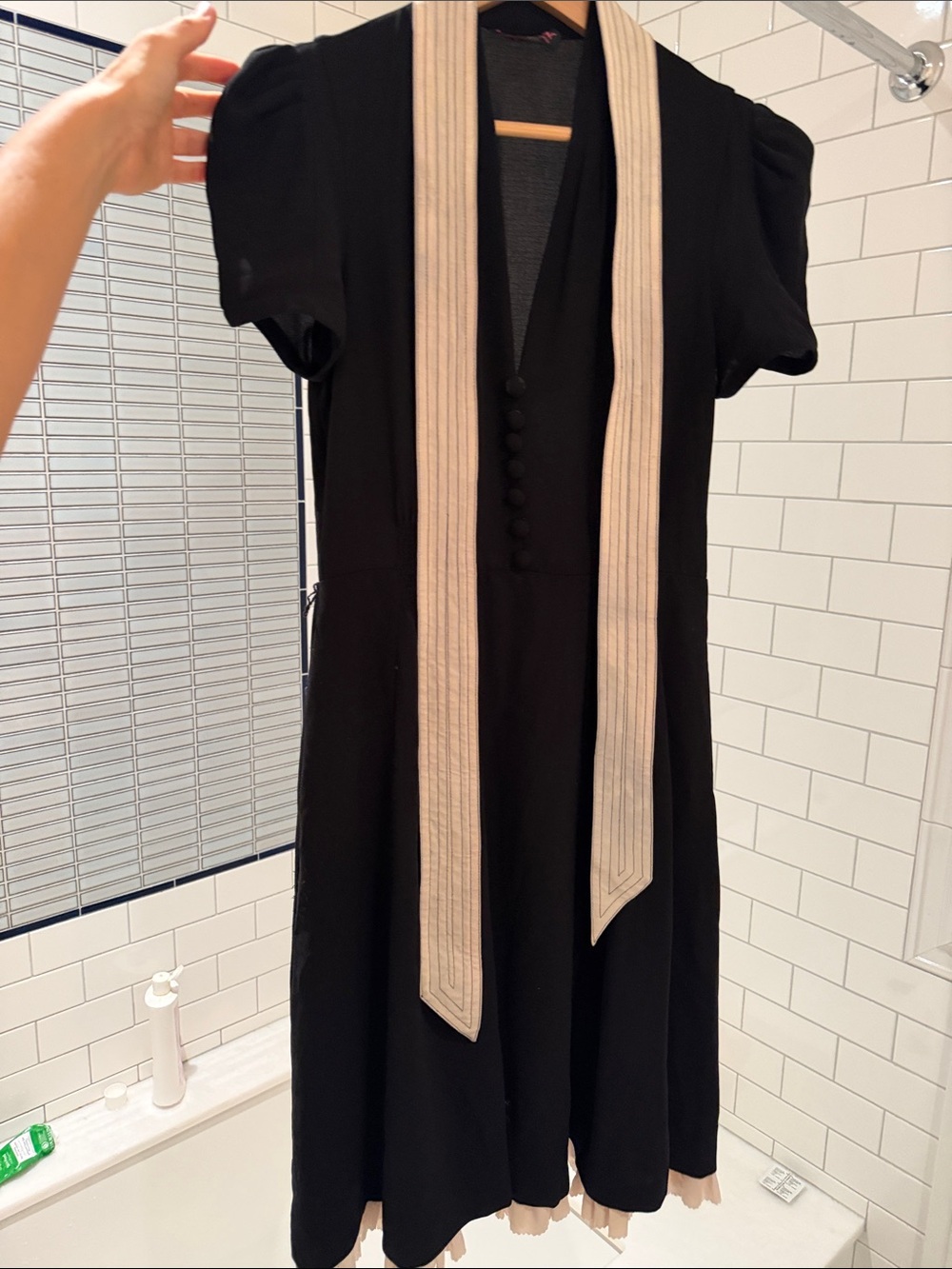 Betsey Johnson Black Short-Sleeve Wrap Dress with Striped Tie some pilling - Picture 3 of 5